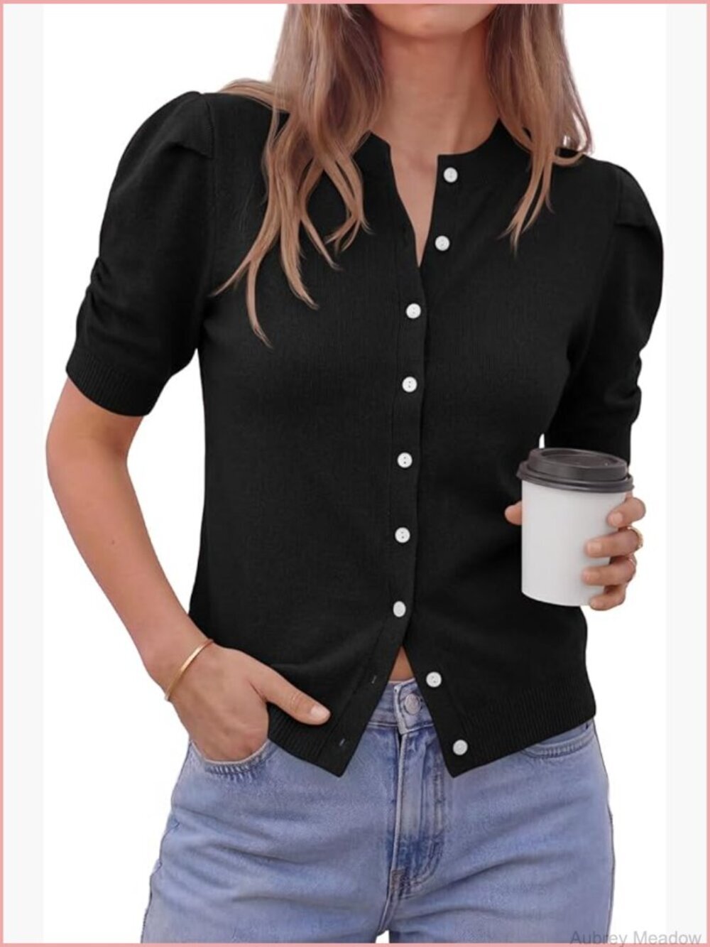 Womens Puff Sleeve Cardigan Sweater Lightweight Knit Spring Summer